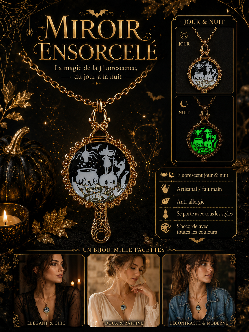 Collier Sortilège de Minuit – Sorcière au Chaudron Fluorescente