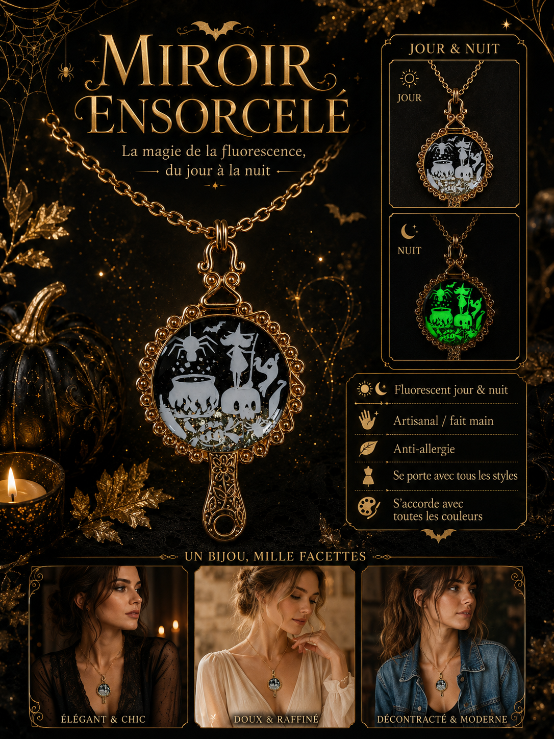 Collier Sortilège de Minuit – Sorcière au Chaudron Fluorescente