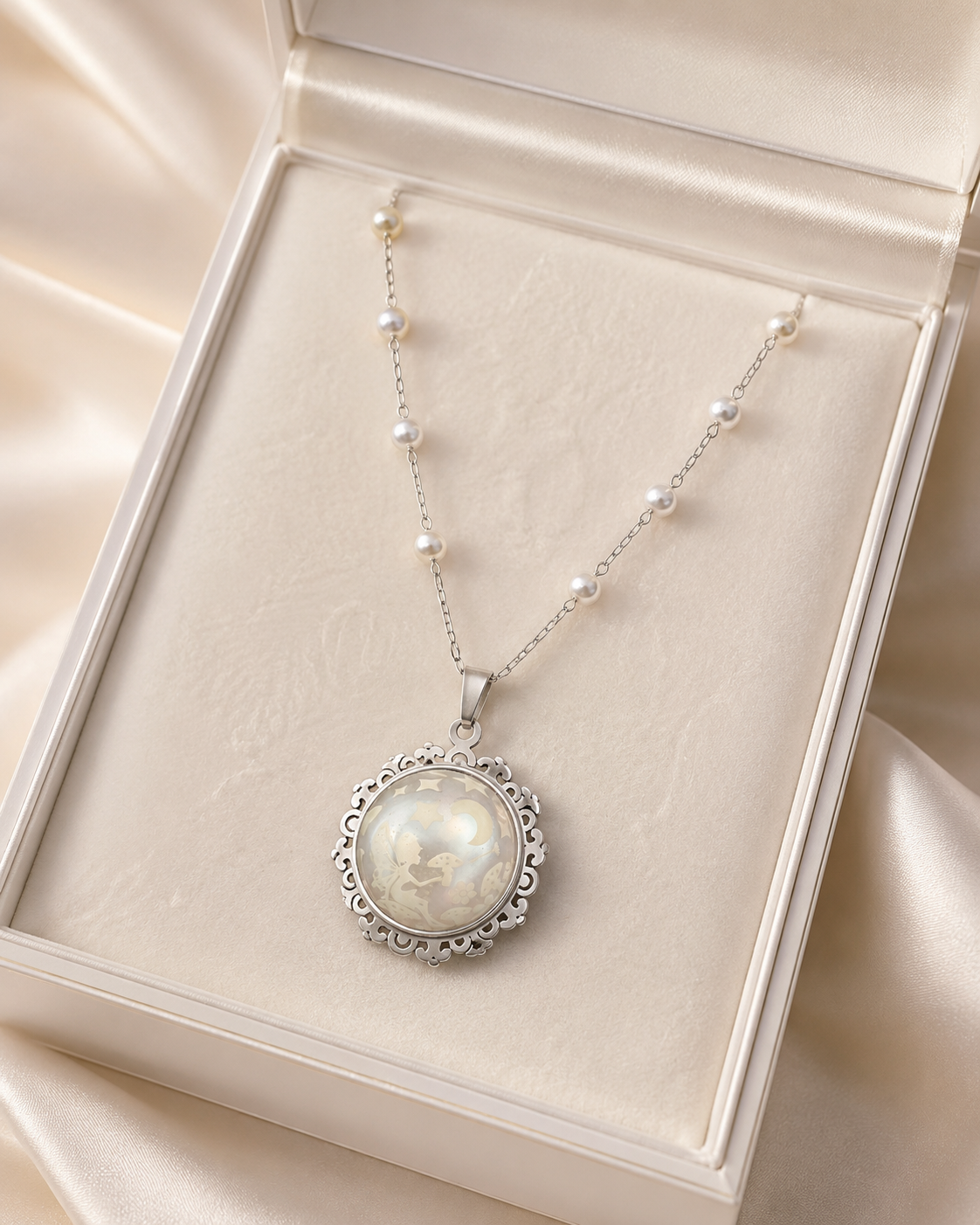 Collier rond dentelle moyenne perle de la fée préline.