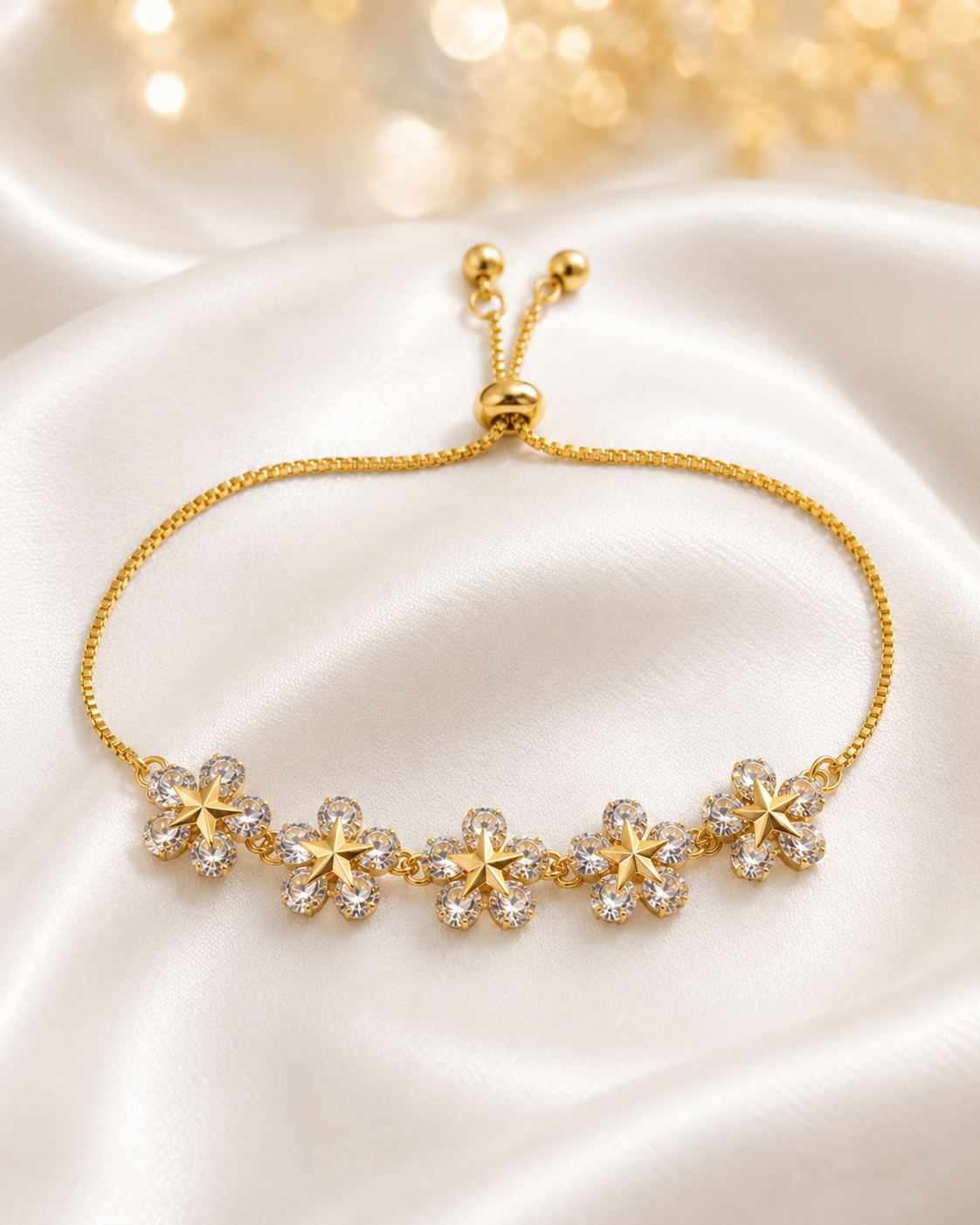 Bracelet floral étoilé doré à 5 oxydes.