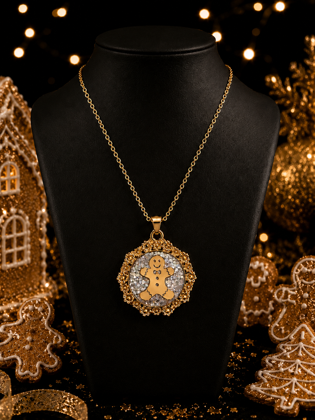 Collier Petit Biscuit fluorescent doré – Chaîne courte Lueur