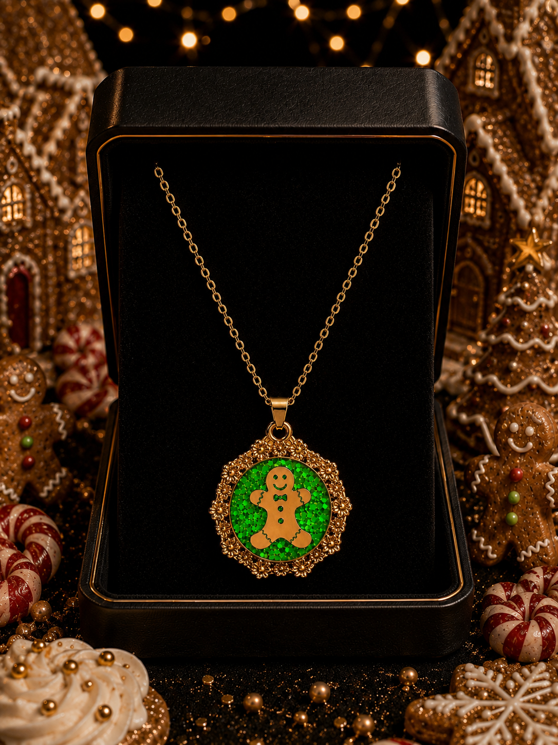 Collier Petit Biscuit fluorescent doré – Chaîne courte Lueur