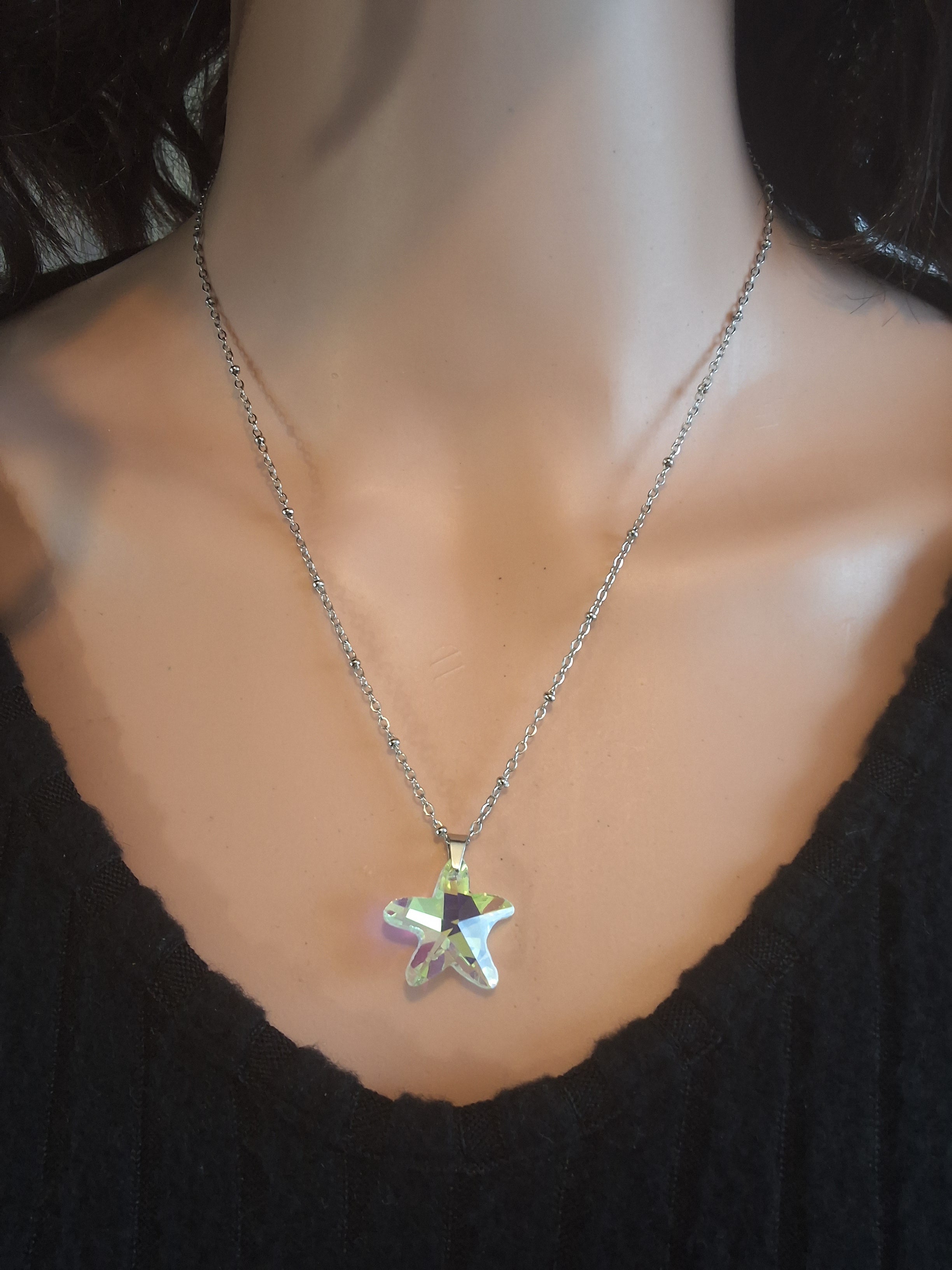 Collier grosse étoile de mer en cristal argent