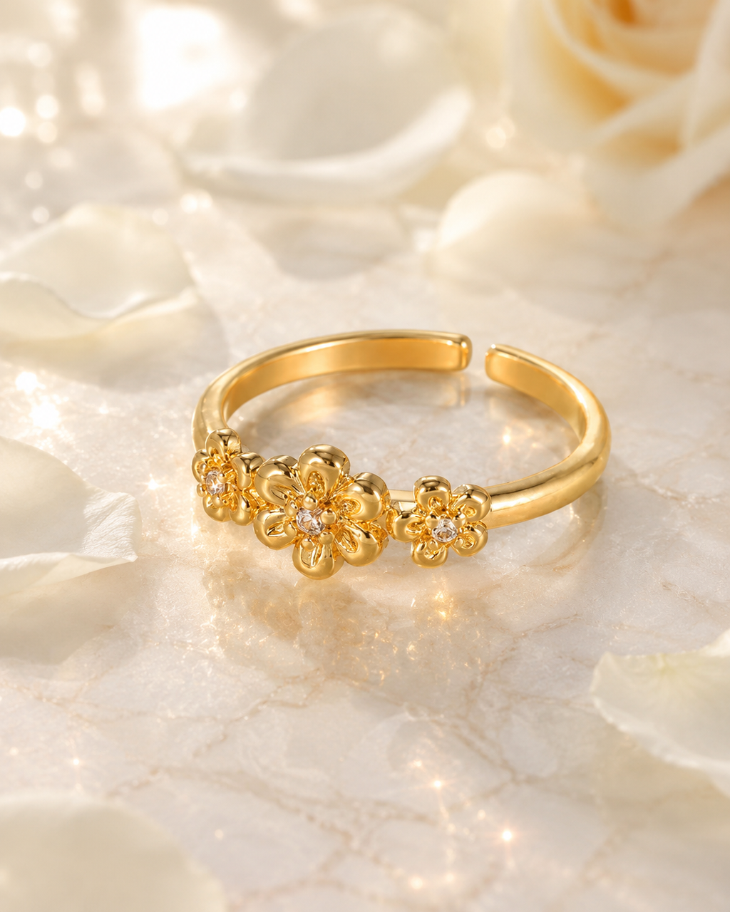 Bague 3 fleurs de cerisier floraison dorée