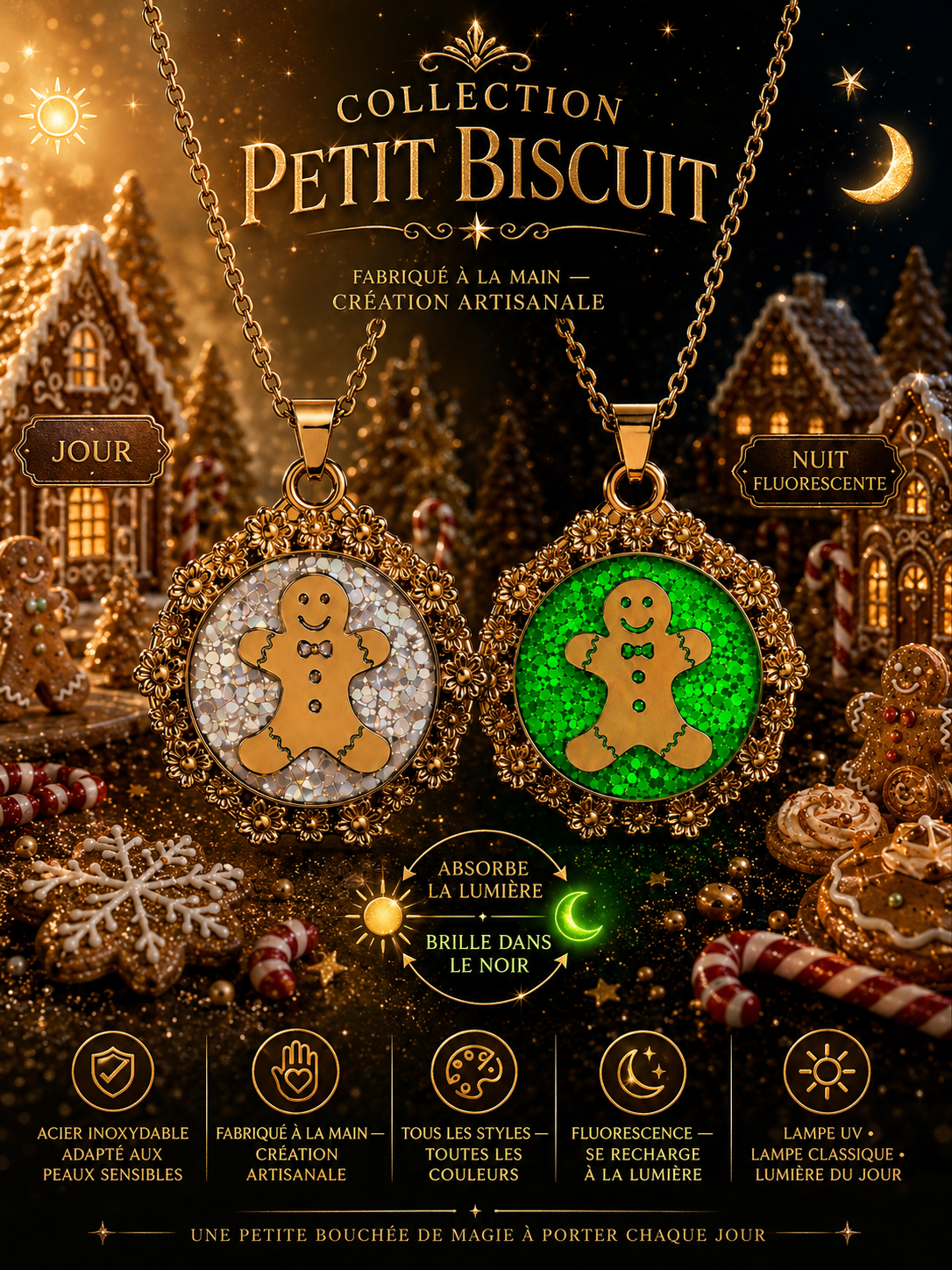 Collier Petit Biscuit fluorescent doré – Chaîne courte Lueur