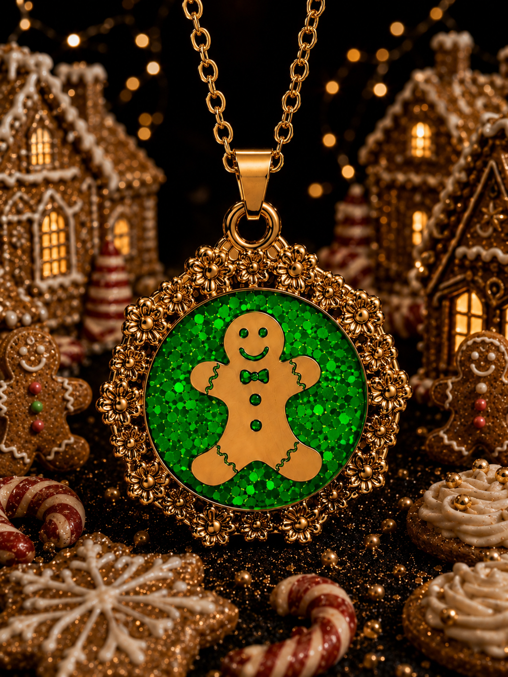 Collier Petit Biscuit fluorescent doré – Chaîne courte Lueur