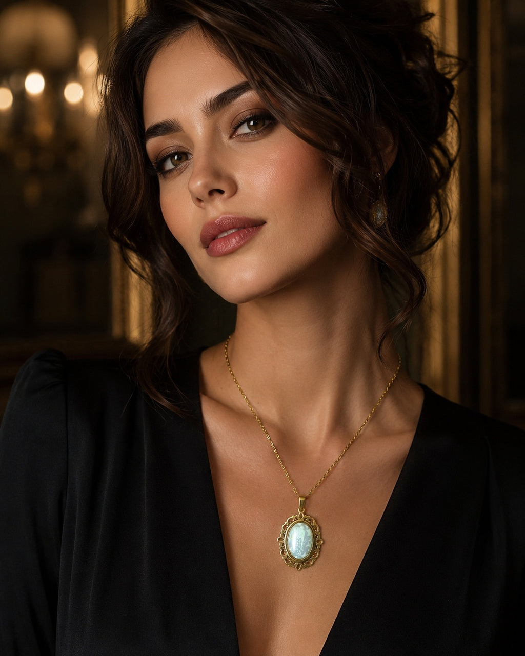 Collier or ovale à dentelle avec petites perles blanches de la fée lumina