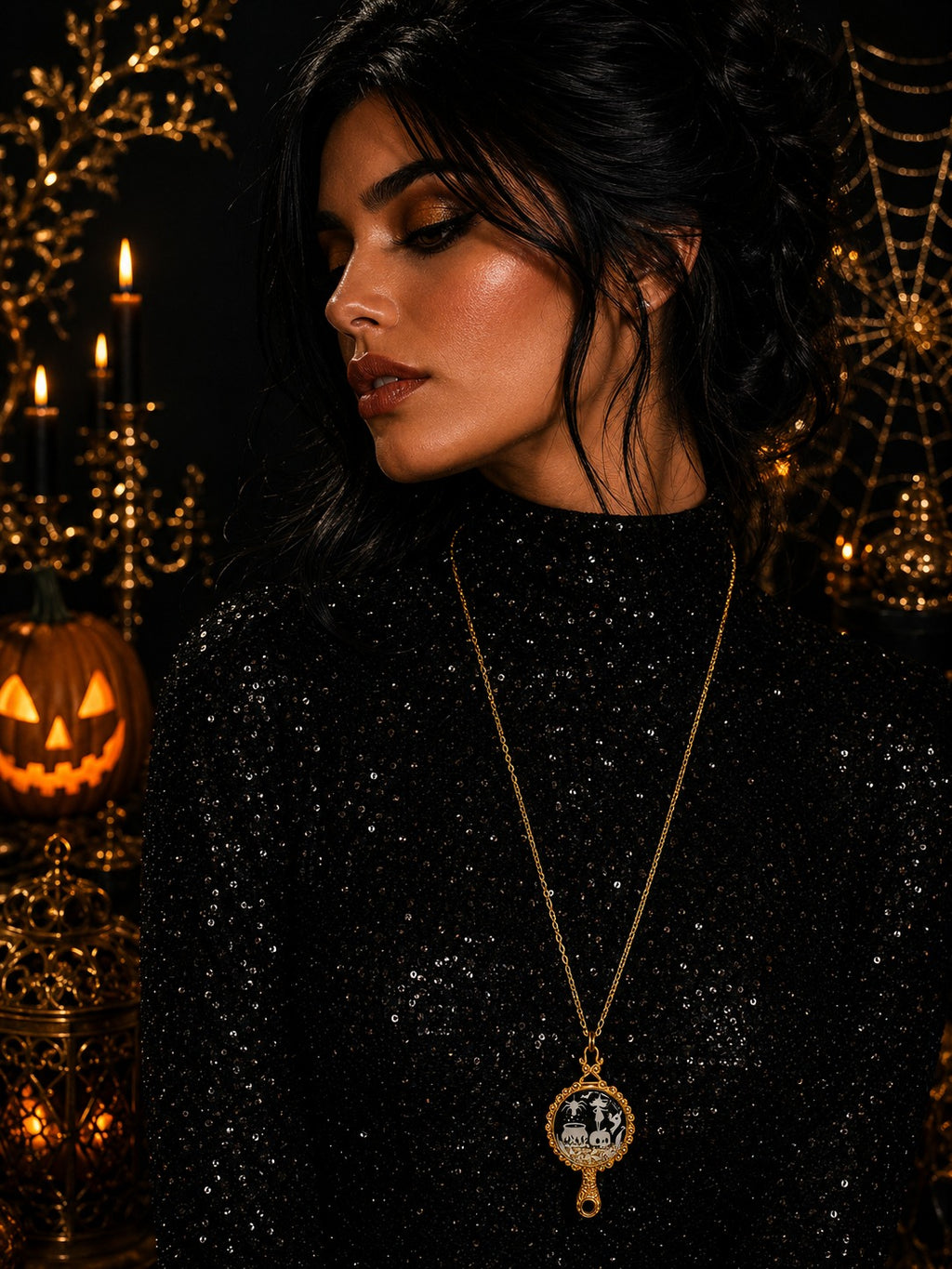 Collier Sortilège de Minuit – Sorcière au Chaudron Fluorescente