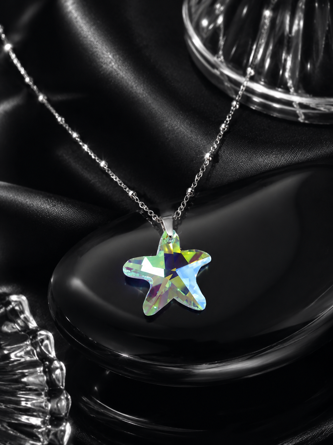 Le collier grosse étoile de mer en cristal argenté