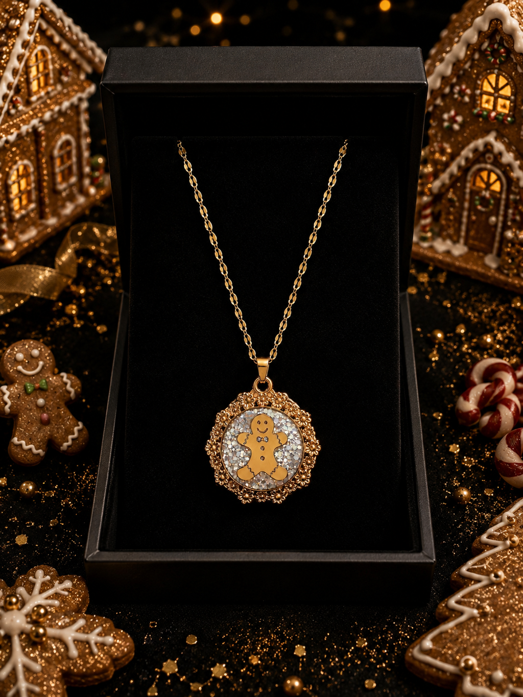 Collier bonhomme pain d’épices fluorescent doré – Chaîne courte Étincelle