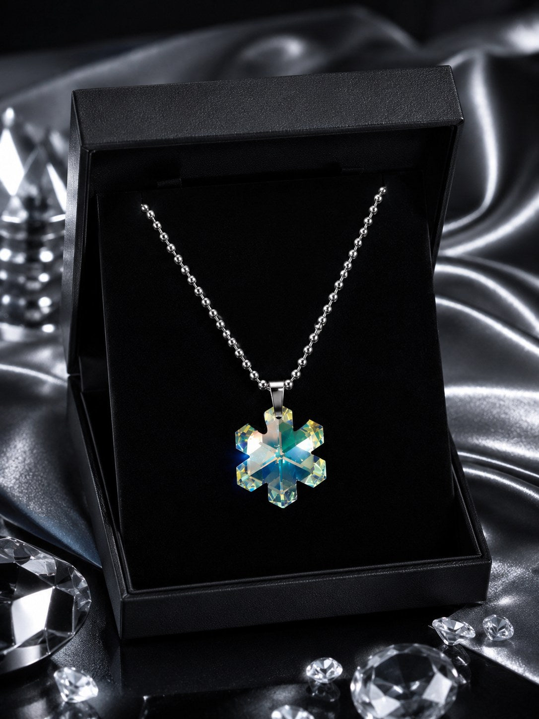 Le collier gros flocon hivernal en cristal argenté