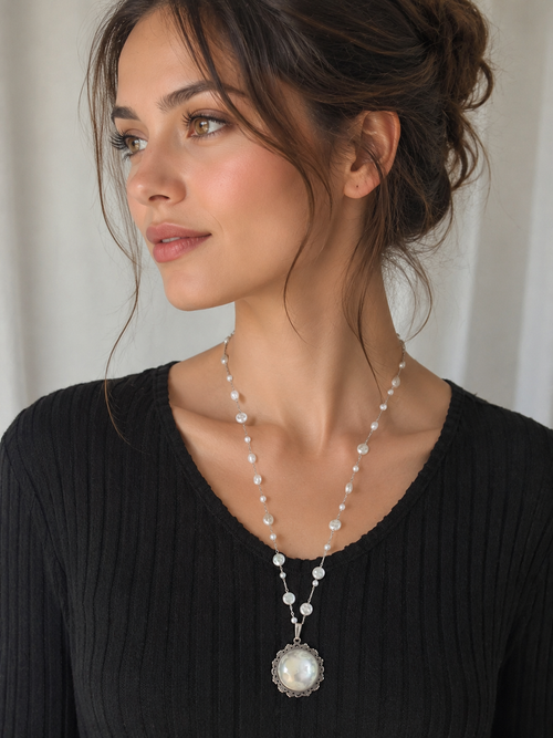 Collier à dentelle avec grosse perle blanche avec la fée siela