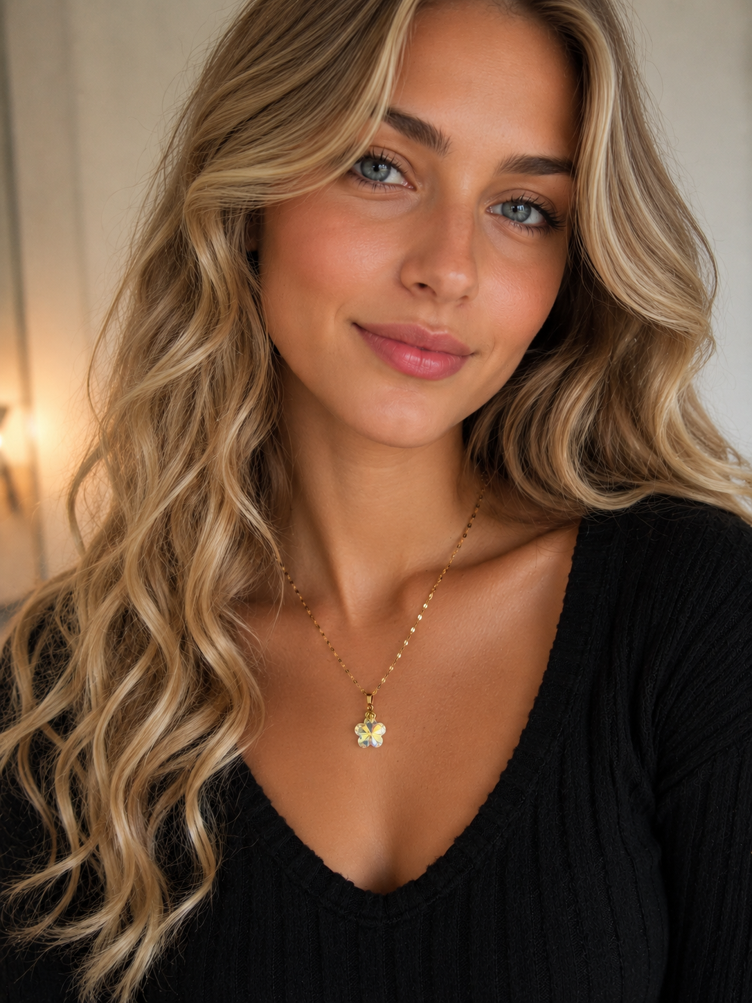 Collier fleur de fraise en cristal or