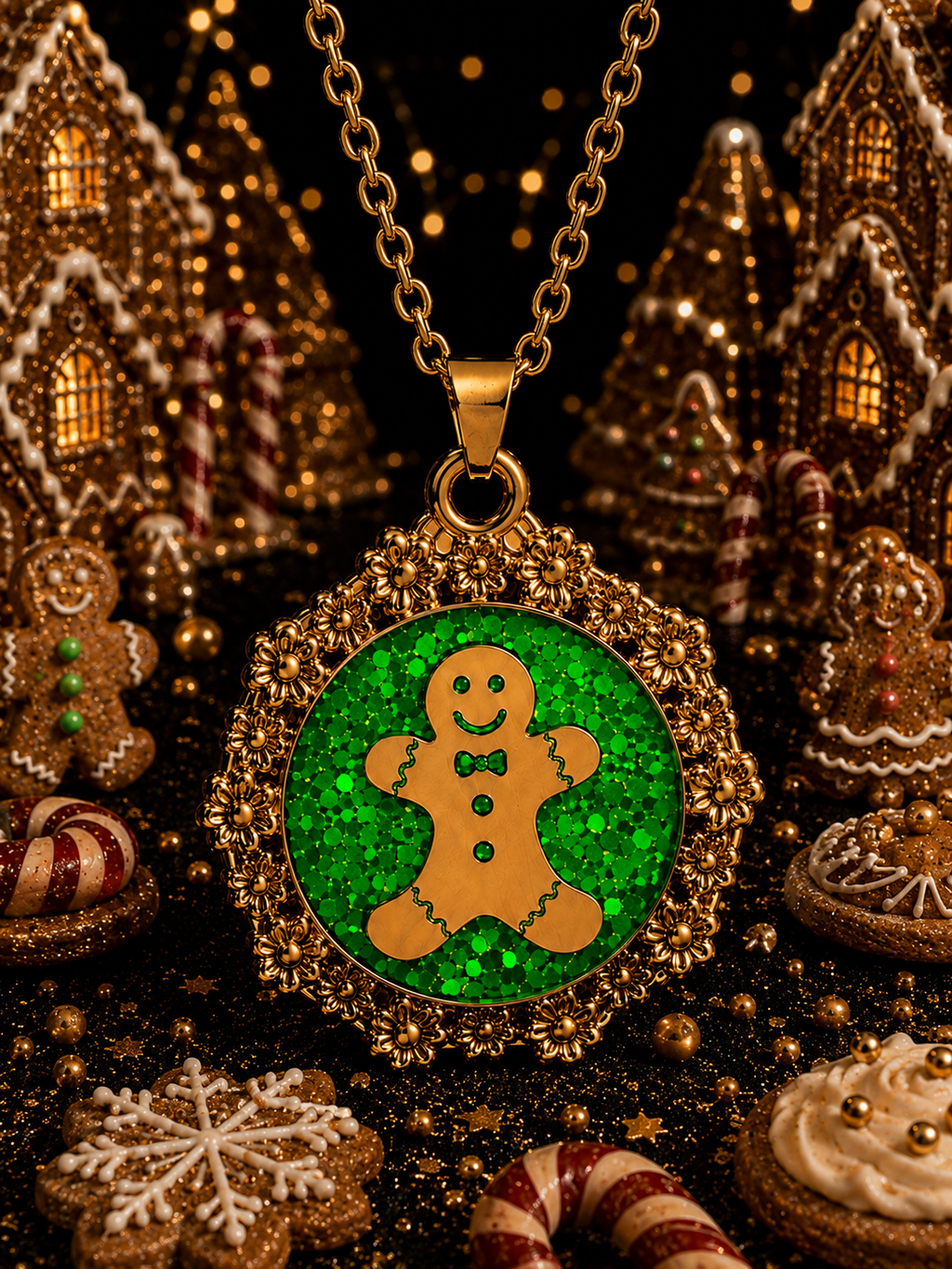 Collier Petit Biscuit fluorescent doré – Chaîne courte Lueur