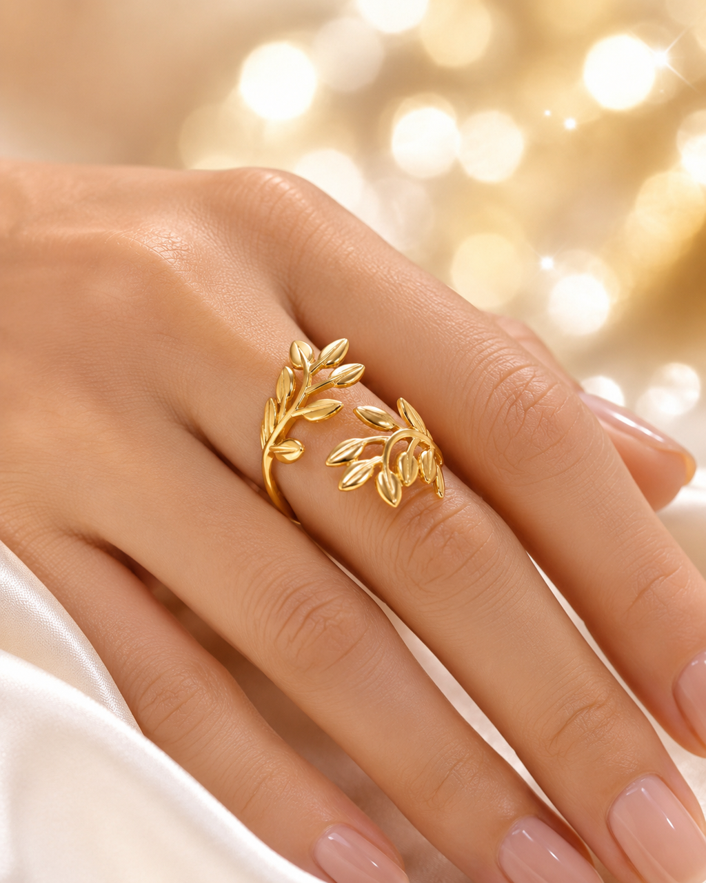 Bague 2 feuilles rameaux dorés