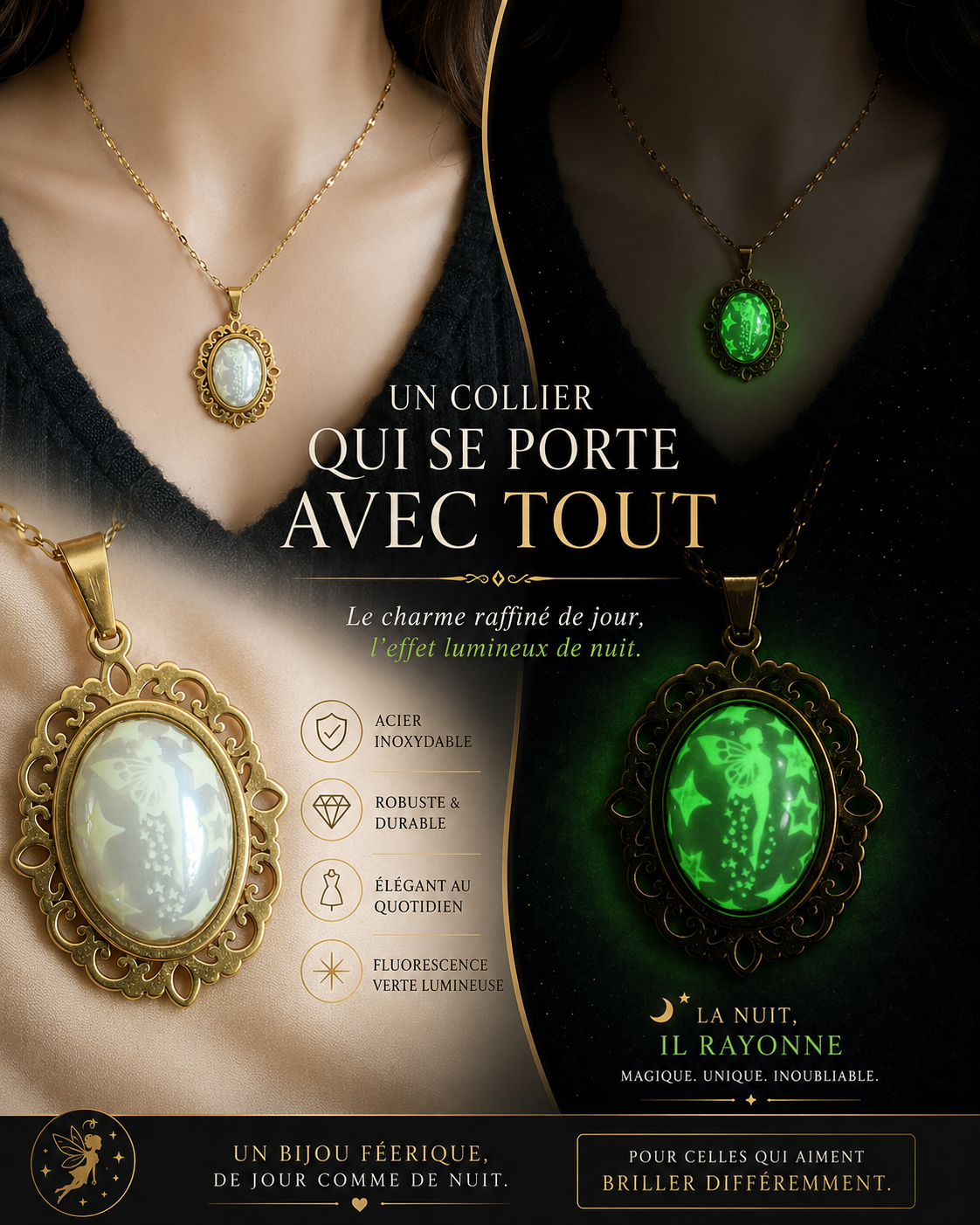 Collier or ovale à dentelle avec petites perles blanches de la fée lumina