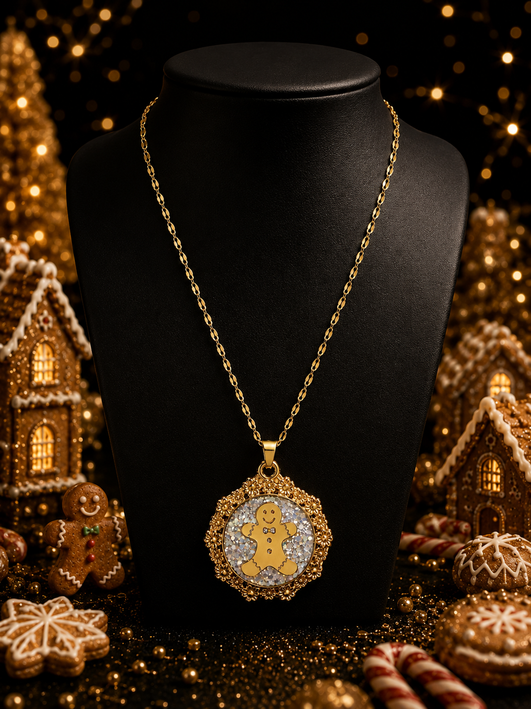 Collier bonhomme pain d’épices fluorescent doré – Chaîne courte Étincelle