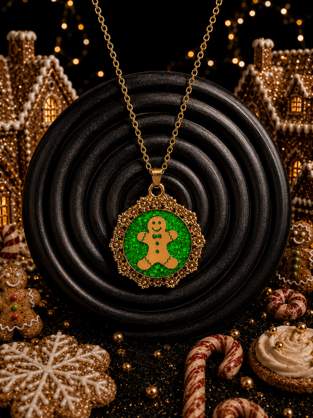 Collier Petit Biscuit fluorescent doré – Chaîne courte Lueur